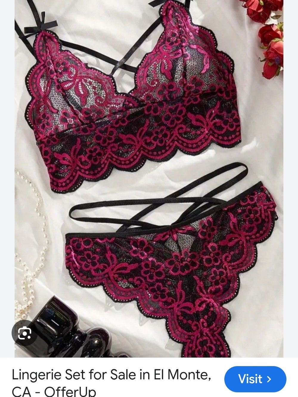 Black & Pink Lace Bralette and Strappy Panty Set XXL